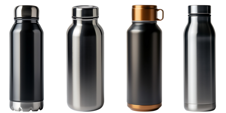 Set of black and silver metal water bottles isolated on a transparent background
