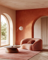 Terra cotta corner sofa in room with beige stucco walls. Minimalist interior design of modern living room.