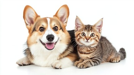 An adorable couple of happy dogs and curious kitties sit together in perfect harmony, isolated on a pure white background, exhibiting a heartwarming animal friendship.