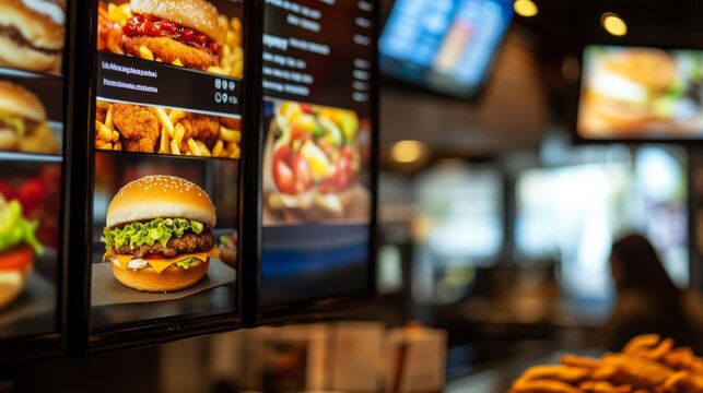 Customers view digital menu boards highlighting various burgers and sides at a busy fast-food restaurant.