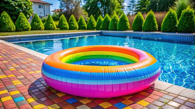 A colorful inflatable pool toy placed next to a swimming pool, suggesting fun and relaxation during summer.