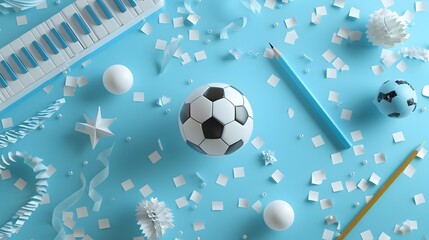 Soccer Ball with Keyboard and Confetti on Blue Background.
