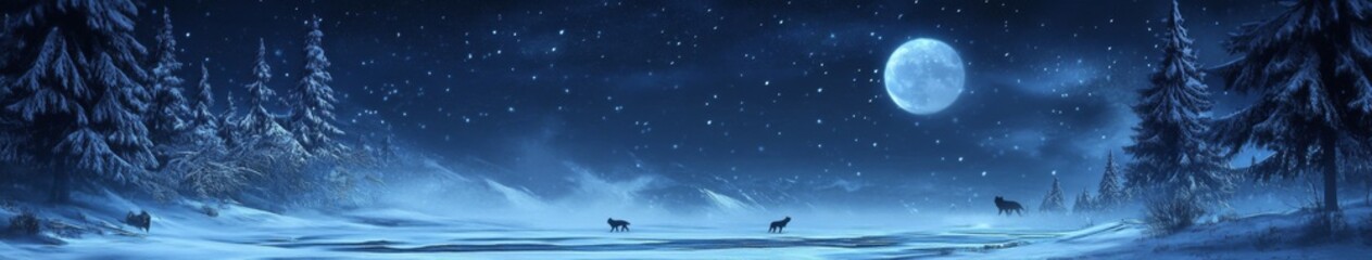 Moonlit Symphony in the Snow: Enchanting Anime-Style Winter Night with the Howling of Wolves, Abstract Art for Gaming and Storybook Illustrations, Ideal for 4K Wallpapers.