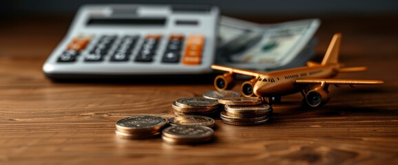 A Toy Plane, Money, And A Calculator On A Wooden Table With Copy Space, Indicating Travel Planning And Budgeting
