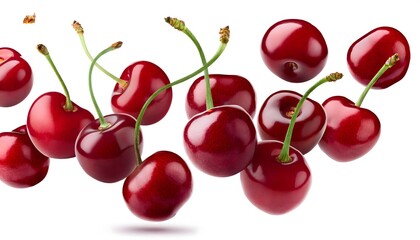  Cherries floating in the air, isolated on white background