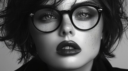 Black and White Portrait of a Woman with Glasses