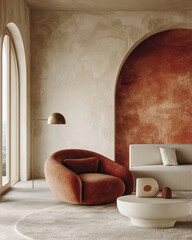 Red Armchair near Arch wall, red wall, modern scandinavian interior design of modern living room