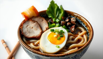 Ramen noodle bowl against a white background, slices of tender pork belly, and a soft-boiled egg cut in half,