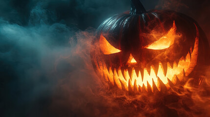An ominous jack-o'-lantern with a menacing glare and sharp, jagged teeth, illuminated from within by a fiery, glowing light. The pumpkin is enveloped in dense, swirling smoke, combining contrasting sh