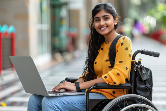 A young smiling female student with disability sitting in wheelchair using a laptop 