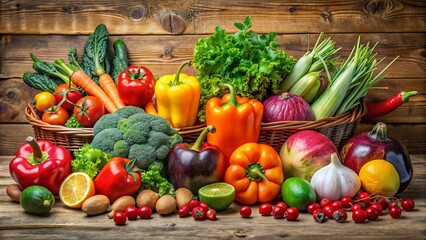 Vibrant assortment of fresh fruits and vegetables against a natural wood background, perfect for health and wellness themed designs and advertising banners.