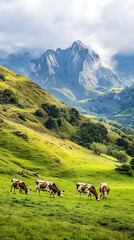 Fototapeta premium 9. A close-up of cows grazing on the lush hills of Asturias, with the misty silhouettes of the Picos de Europa in the background 