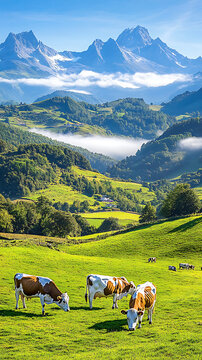 9. A close-up of cows grazing on the lush hills of Asturias, with the misty silhouettes of the Picos de Europa in the background 