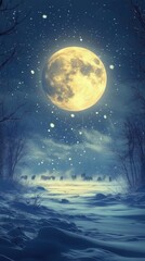 Moonlit Symphony in the Snow: Enchanting Anime-Style Winter Night with the Howling of Wolves, Abstract Art for Gaming and Storybook Illustrations, Ideal for 4K Wallpapers.