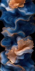 Abstract formation of flowing blue and orange layers resembling ocean waves, creating a dynamic and vibrant visual against a black background, perfect for modern decor.