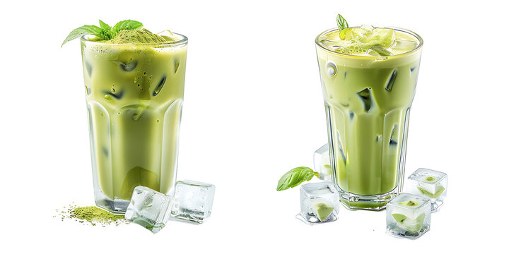 A matching set of two realistic glasses with matcha drink