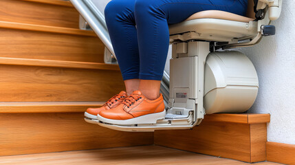 Elderly woman using stair lift at home for mobility
