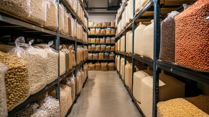 Rows of Plastic Bags Filled with Bulk Food Items in Warehouse Storage Area