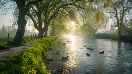 Obraz premium A serene springtime walk along a riverbank, with willow trees just beginning to sprout their green leaves, and ducks swimming peacefully in the clear water.