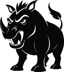 Fierce Angry Rhinoceros Silhouette Black Vector Illustration, This dynamic illustration captures the intensity and strength of a wild rhino, ideal for various creative projects.