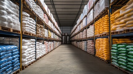 Rows of stacked food ingredient bags in a large warehouse, a view of a food ingredient supplier's storage facility
