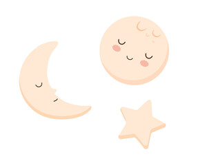 Moon and star in pastel colors isolated on white background.