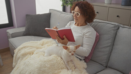 An elderly woman with a chihuahua dog sitting on a cozy sofa in a living room, writing in a...