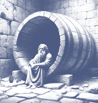 Drawing of the Greek cynic philosopher Diogenes in front of his barrel