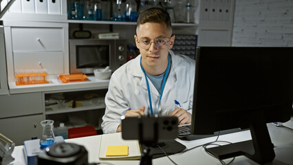 A young hispanic man working attentively on a computer in a laboratory setting, wearing a lab coat and glasses.