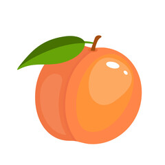 Vector peach icon, illustration of peach fruit with leaf isolated of white background, logo symbol in flat cartoon style