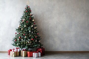 A modern Christmas tree decorated with only a few ornaments, set against a large, uncluttered wall, with a wide area of negative space to create a calming and focused holiday scene 