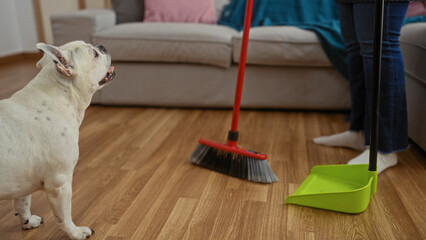 A woman sweeps the living room floor with her dog watching, showcasing a cozy home interior...