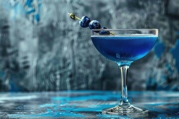 Blue cocktail is standing on a bar countertop with blueberries on a stick