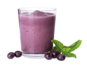 Tasty acai smoothie in glass, mint and berries isolated on white