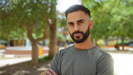 Fototapeta premium Handsome young hispanic man with a beard standing in an outdoor urban park setting, surrounded by green trees and cityscape.