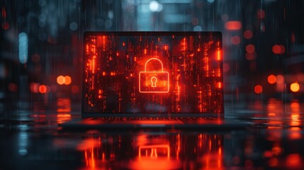 Obraz premium Cyber Security Concept: A Laptop with a glowing padlock on the screen