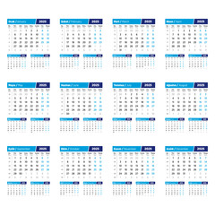 Turkish-English 2025 Calendar. Simple, easily editable vertical vector calendar.