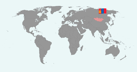 Pin map with Mongolia flag on world map. Vector illustration.