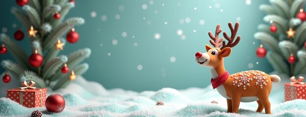Cheerful Reindeer Figurine Celebrating Christmas Against Snowy Festive Background