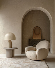 Armchairs near stucco arch wall. Minimalist, japandi interior design of modern living room.