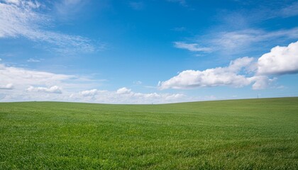 vast, empty green grass field stretches out under a clear blue sky dotted with fluffy white clouds, creating a serene and open landscape that evokes a sense of peaceful tranquility.