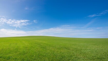 vast, empty green grass field stretches out under a clear blue sky dotted with fluffy white clouds, creating a serene and open landscape that evokes a sense of peaceful tranquility.