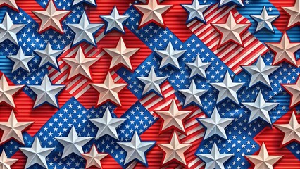 Fototapeta premium Vibrant red, white, and blue stars and stripes pattern fills the background, evoking a sense of American pride, freedom, and patriotism in a bold graphic design.