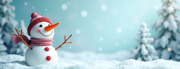 Obraz premium Cheerful Snowman Smiling in Winter Wonderland Against Snowy Forest Background with Copy Space