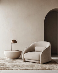 Armchairs near stucco arch wall. Minimalist, japandi interior design of modern living room.