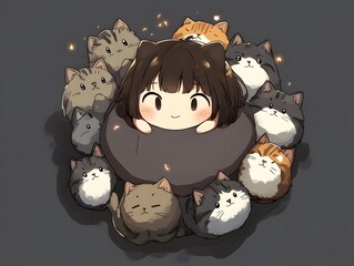 Surrounded by Love: A kawaii anime girl is surrounded by a loving circle of adorable kittens, creating a heartwarming and joyful scene. The soft glow of the light adds to the charming and whimsical at