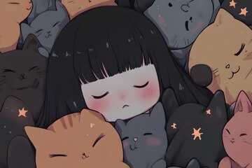 Sleepy Girl Surrounded by Cats:  A peaceful illustration of a girl surrounded by adorable sleeping cats, creating a cozy and heartwarming scene. The soft colors and delicate details evoke a sense of t
