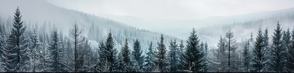 Fototapeta premium Tree Line Forest. Serene Winter Landscape with Pine Trees and Snowy Mountain