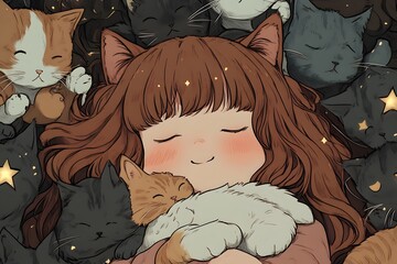 Sleeping with Cats:  A whimsical illustration of a young girl surrounded by a multitude of adorable cats, all sound asleep in a dreamy, star-filled night. The image evokes a sense of peace, comfort, a
