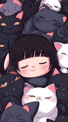 A Girl's Purrfect Slumber: Anime girl finds peace amidst a cuddle puddle of adorable, sleeping cats, a heartwarming illustration of companionship. 